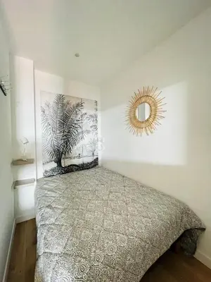 a bedroom with a bed and a mirror on the wall at F1 neuf TURCKHEIM TUR102 in Cannes