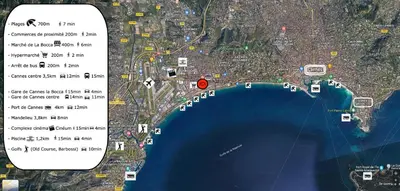 a map of a city and a map of the ocean at Cannes, mer à 500 m, maison rare in Cannes