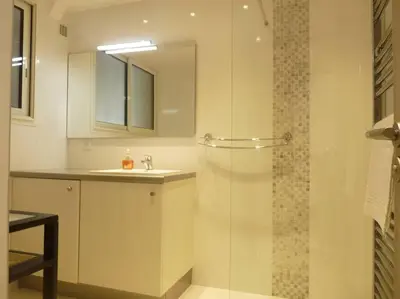 a bathroom with a shower and a sink at Two bedroom apartment next to the Croisette in Cannes a short walk to the Palais des Festivals - 1961 in Cannes