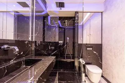 a bathroom with a toilet and a glass shower at Large renovated studio - rue Hoche - Cannes center in Cannes