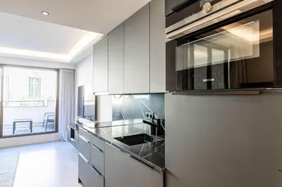 a kitchen with a refrigerator and a sink in it at Superb One bedroom flat and terrace - Cannes center in Cannes