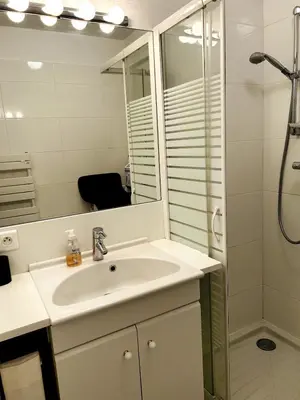 a bathroom with a sink and a shower at Écrin de douceur à 300m de la Croisette Calme in Cannes