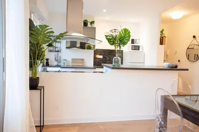 a kitchen with white walls and a counter with plants at C5 - 2 BDR Blvd Carnot - 10 min Palais - AC & Terrace Sea View in Cannes