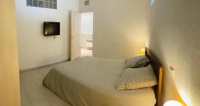 a bedroom with a bed and a tv on a wall at Cannes : Agréable et lumineux appartement vue mer in Cannes