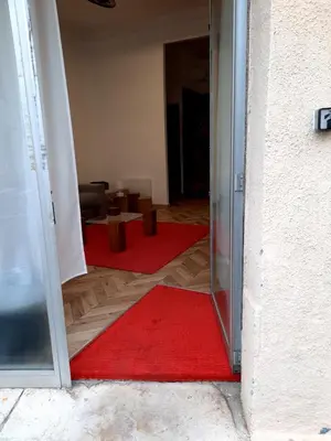 an open door to a living room with a red rug at Appartement Loft ATYPIQUE et ravissant de 60 m2 Nouveau in Cannes