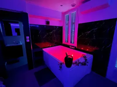 a purple room with a tub with a vase in it at Luxury Dreams Balneo in Le Cannet