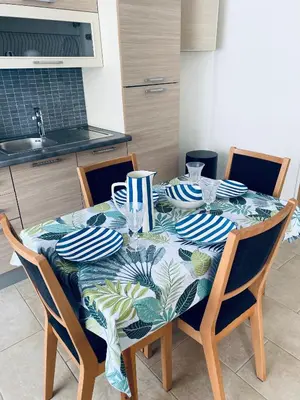 a dining room table with a blue and white table cloth at Appartement Cannes centre ville pour congrès ou vacances à 5 min de la Croisette, plage in Cannes
