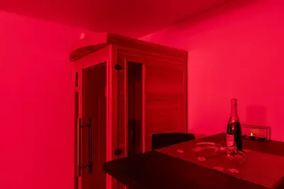 a red room with a bottle of wine on a table at LE COCON- Jacuzzi & Sauna privés By SweetDreams in Le Cannet