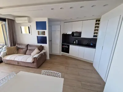 a living room with a couch and a kitchen at CANNES VILLA FRANCIA in Cannes