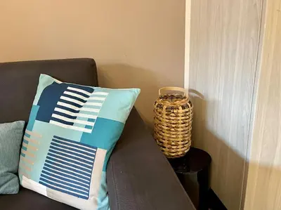 a pillow sitting on a couch next to a vase at 2 pièces près de la Croisette in Cannes