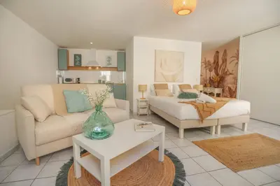 a living room with a couch and a table at IMMOGROOM - Best place in Cannes Center - AC - 5 min from beaches in Cannes