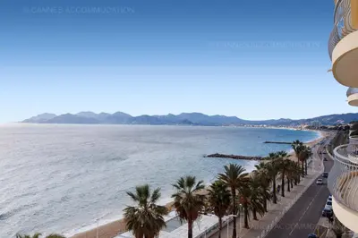 a view of a beach with palm trees and the ocean at Alba in Cannes