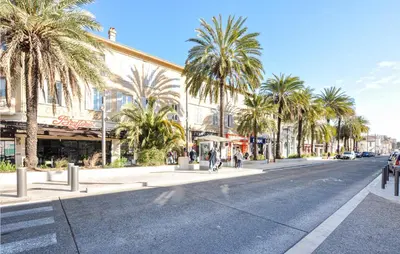a street with palm trees in front of a building at 2 Bedroom Amazing Apartment In Cannes in Cannes