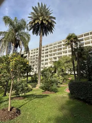 a large building with palm trees in front of it at Cannes Studio situé dans la résidence Gallia Historique in Cannes