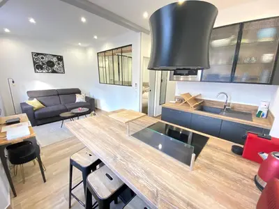 a kitchen and living room with a large counter top at Le Florian By SCLS Locations in Cannes