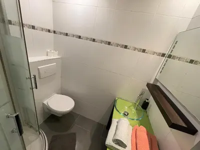 a small bathroom with a toilet and a shower at Maisonnette Studio bas Suquet, proche plage et palais in Cannes
