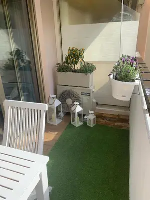 a balcony with two potted plants and a green carpet at Butterfly-Palais des Festival-center-quiet-AC-Wi Fi parking in Cannes