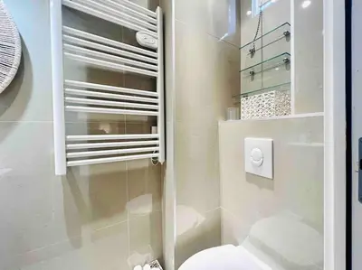 a bathroom with a toilet and a glass shower at Cannes centre , magnifique , 5 min palais in Cannes