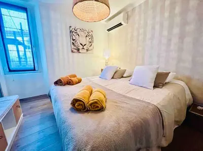 a bedroom with a large bed with towels on it at Cannes centre , magnifique , 5 min palais in Cannes