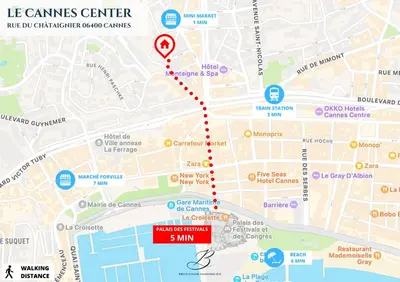 a map of the las colinas center with a red marker at Cannes Center - Appartement 2 pièces avec terrasse in Cannes