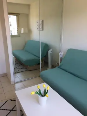 a room with a bed and a table and a mirror at Studio à 5 minutes à pied des plages et de la croisette in Cannes