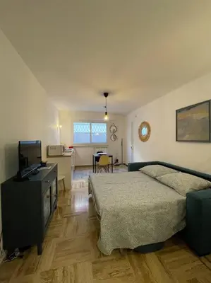 a bedroom with a bed and a desk with a television at Beau studio - 100m de la plage Palm beach in Cannes