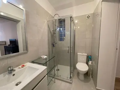 a bathroom with a shower and a toilet and a sink at Beau studio - 100m de la plage Palm beach in Cannes