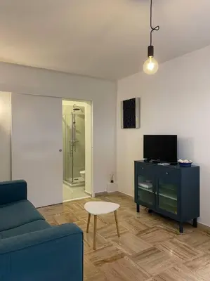 a living room with a couch and a tv and a table at Beau studio - 100m de la plage Palm beach in Cannes