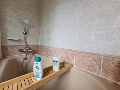 a bathroom with a bath tub with a shower and two bottles of soap at Studio 700 m du Palais et Croisette - Le St Jean in Cannes
