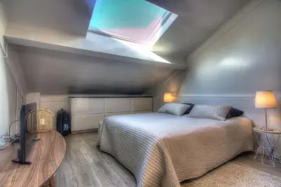 a bedroom with a large bed and a skylight at 9E - Appartement 1 chambre in Cannes