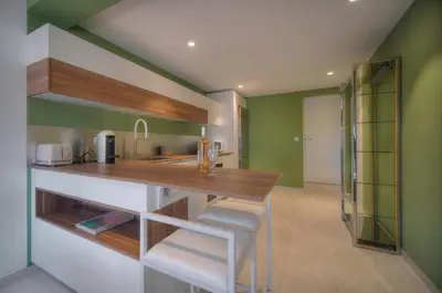 a kitchen with green walls and a wooden counter top at Beau 2 chambres TERRASSE, JARDIN, Picaud- Proche Plages MIDI A2B241 in Cannes