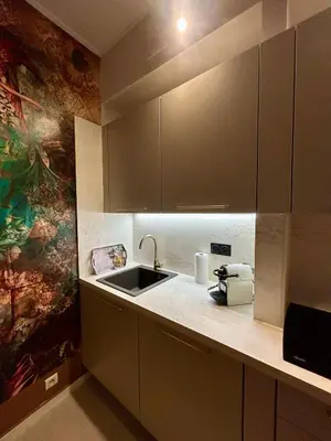 a kitchen with a sink and a painting on the wall at KOSY Spa, Les Princes in Cannes