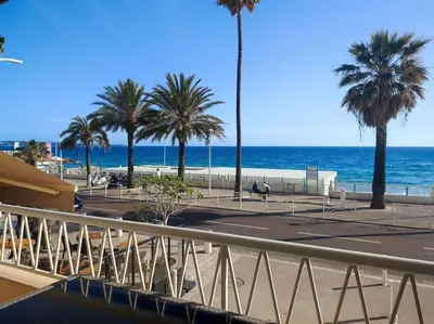 a view of a beach with palm trees and the ocean at Le Madrigal by Halldis in Cannes