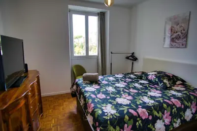 a bedroom with a bed and a tv and a window at Ref SELV -Palmes d'Or Properties in Cannes