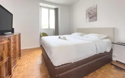 a bedroom with a large bed with a flat screen tv at Le Selvosa by Winsome Destination in Cannes