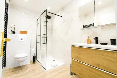 a bathroom with a shower and a toilet and a sink at Elena YourHostHelper in Cannes