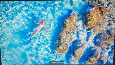 a woman is swimming in the ocean next to rocks at 2chambres 2 salles de bains Palais des Festivals in Cannes