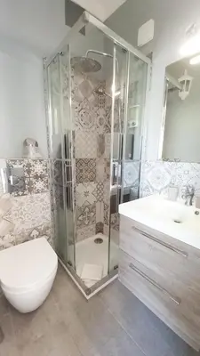 a bathroom with a shower and a toilet and a sink at Palais Gounod in Cannes
