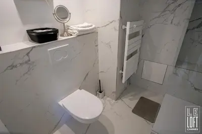 a white bathroom with a toilet and a mirror at Le loft Cannes in Cannes