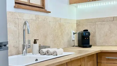 a kitchen counter with a sink with towels on it at La Bohème Cosy Apt Near Beach AC Near festival in Cannes