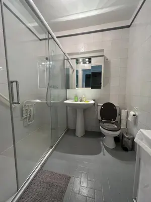 a bathroom with a toilet and a sink and a shower at CANNES Martinez- family apartment 100m2 in Cannes