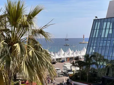 a palm tree in front of a building and the ocean at No.6 La Croisette in Cannes