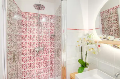 a bathroom with a red patterned shower curtain at Palais Miramar in Cannes
