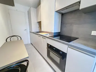 a small kitchen with a stove and a counter at 1 bedroom Latour Maubourg Cannes Riviera 245 in Cannes