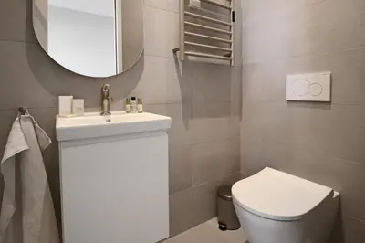 a bathroom with a toilet and a sink and a mirror at LE SUQUET - Bright renovated and spacious apartment in Cannes