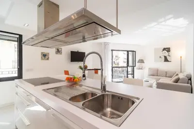 a kitchen with a stainless steel sink in a white kitchen at Cannes Rue d'Antibes Premium 2 BDR 2 baths Exclusive Olam Properties in Cannes