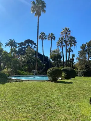a swimming pool in a park with palm trees at Appartement vue sur mer, proche Croisette in Cannes