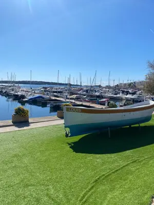 a boat sitting on the grass next to a marina at Appartement vue sur mer, proche Croisette in Cannes