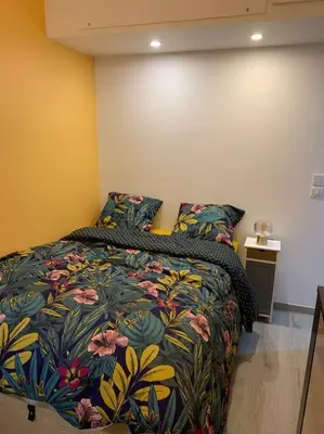 a bedroom with a bed with a colorful bedspread at Appartement Etat neuf La Chantalane -proche centre-ville in Cannes