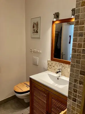 a bathroom with a sink and a toilet and a mirror at Cannes Sweet Cannes in Cannes